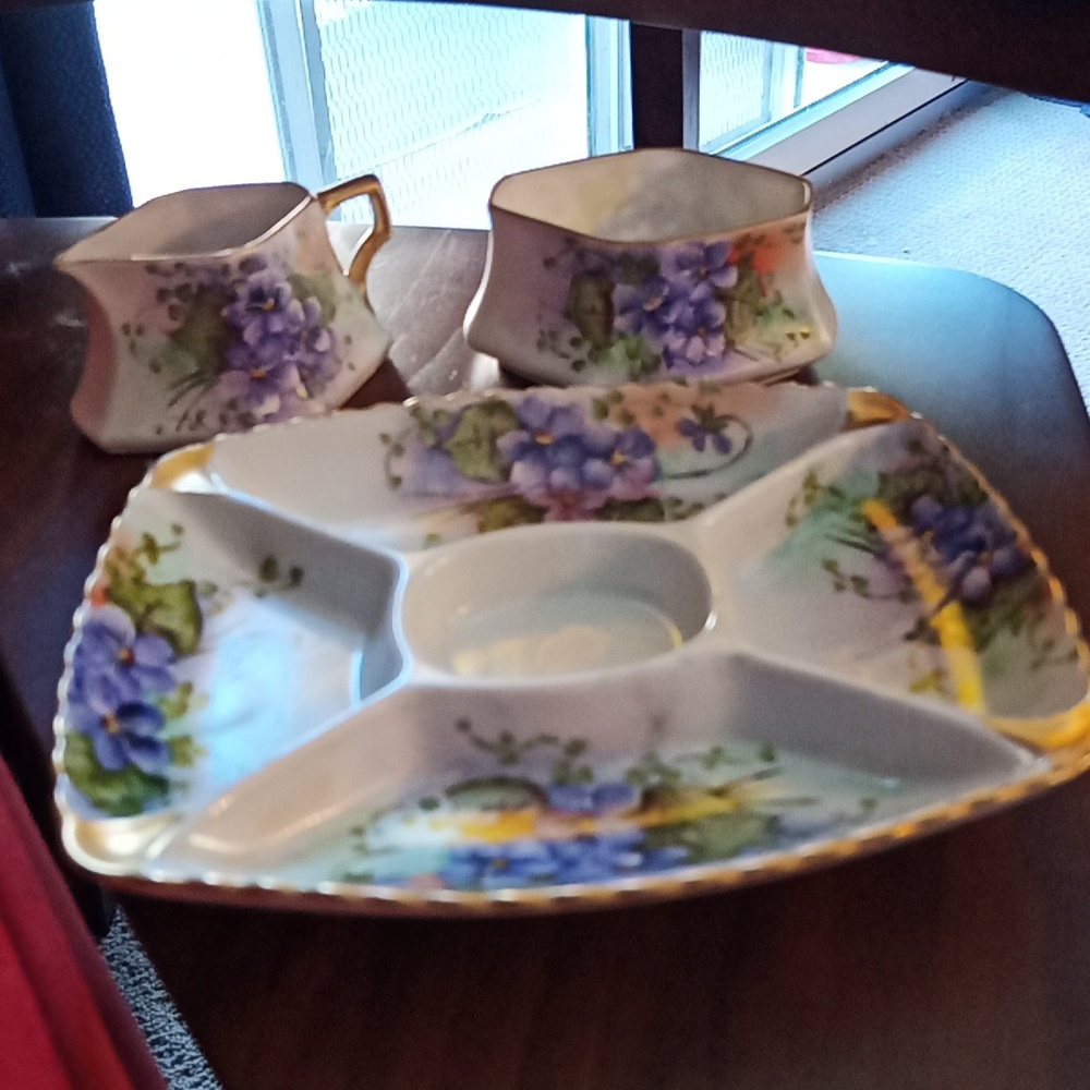 Vintage M Z Austria China Purple Floral Sugar & Creamer & Candy Dish 3 pcs.